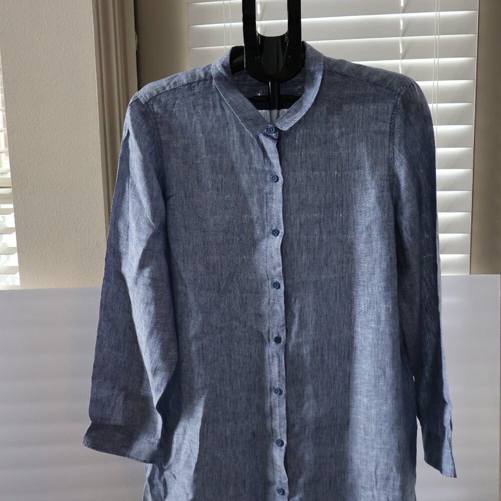 Garnet Hill 100%  Linen Chambray Blue Shirt Dress – XL Effortless Chic
